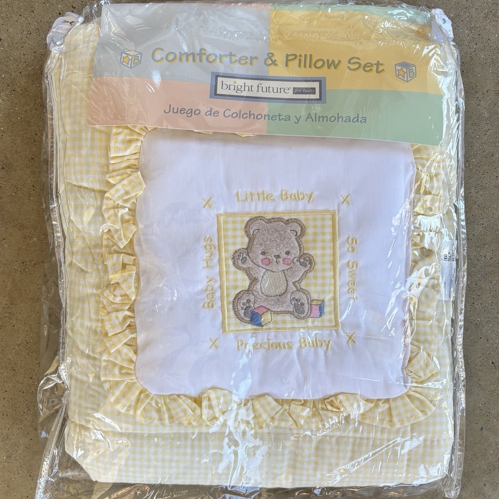 Vintage Comforter &‎ Pillow Set Yellow White Gingham Teddy Bear Boy Girl 90s Y2K
